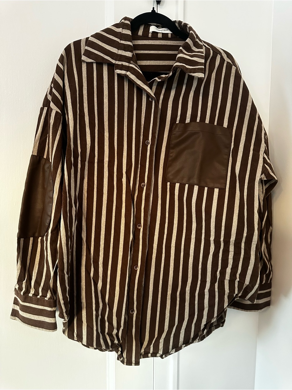 Commense Brown & Cream Striped Shirt with Classic Collar w vegan leather patches